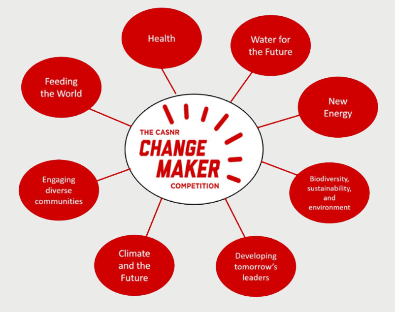 Changemaker competition graphic, health, water for the future, new energy, biodiversity, sustainability, and environment, developing tomorrow's leaders, climate and future, engaging diverse communities, feeding the world.