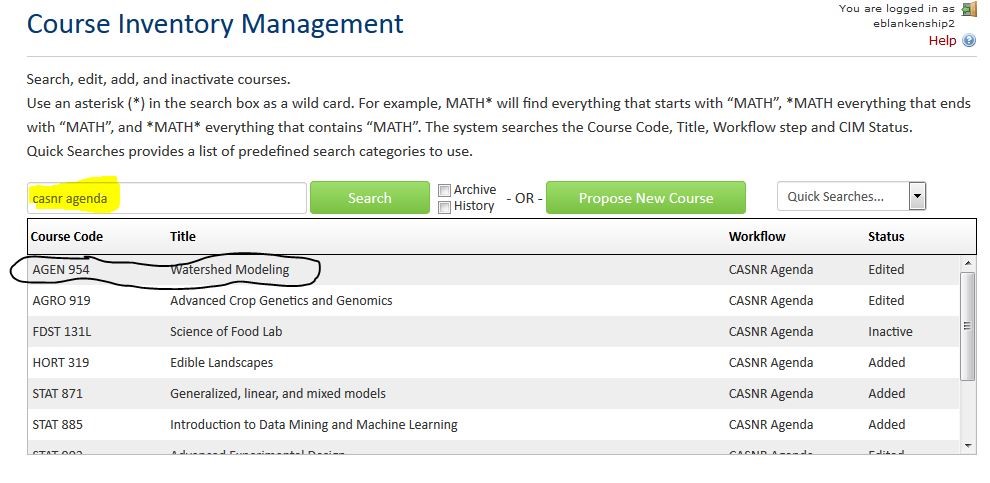 course inventory management screenshot