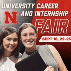 University Career and Internship Fair, Sept. 18, 22-25 poster with 2 students