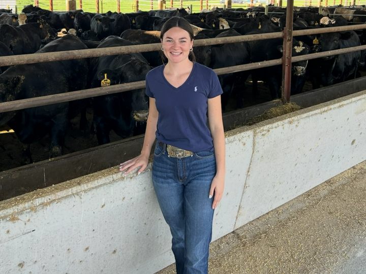 Mattie Beattie stands in front of a herd of cattle in a cattle barn.