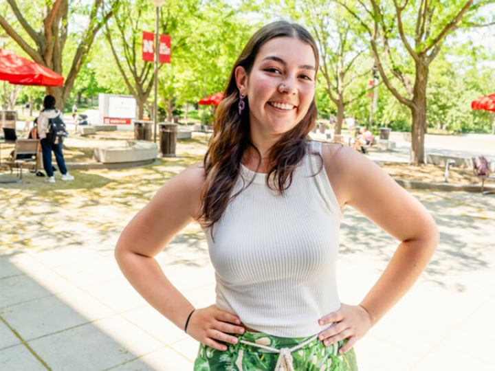 Dani Gibson, 2025 NSE Orientation Leader poses on the Union's Memorial Plaza