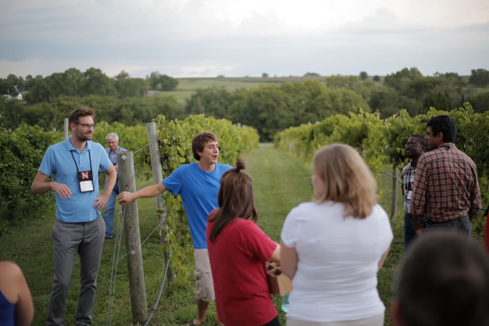 Group of UNL Faculty listening to a presentation in a vineyard